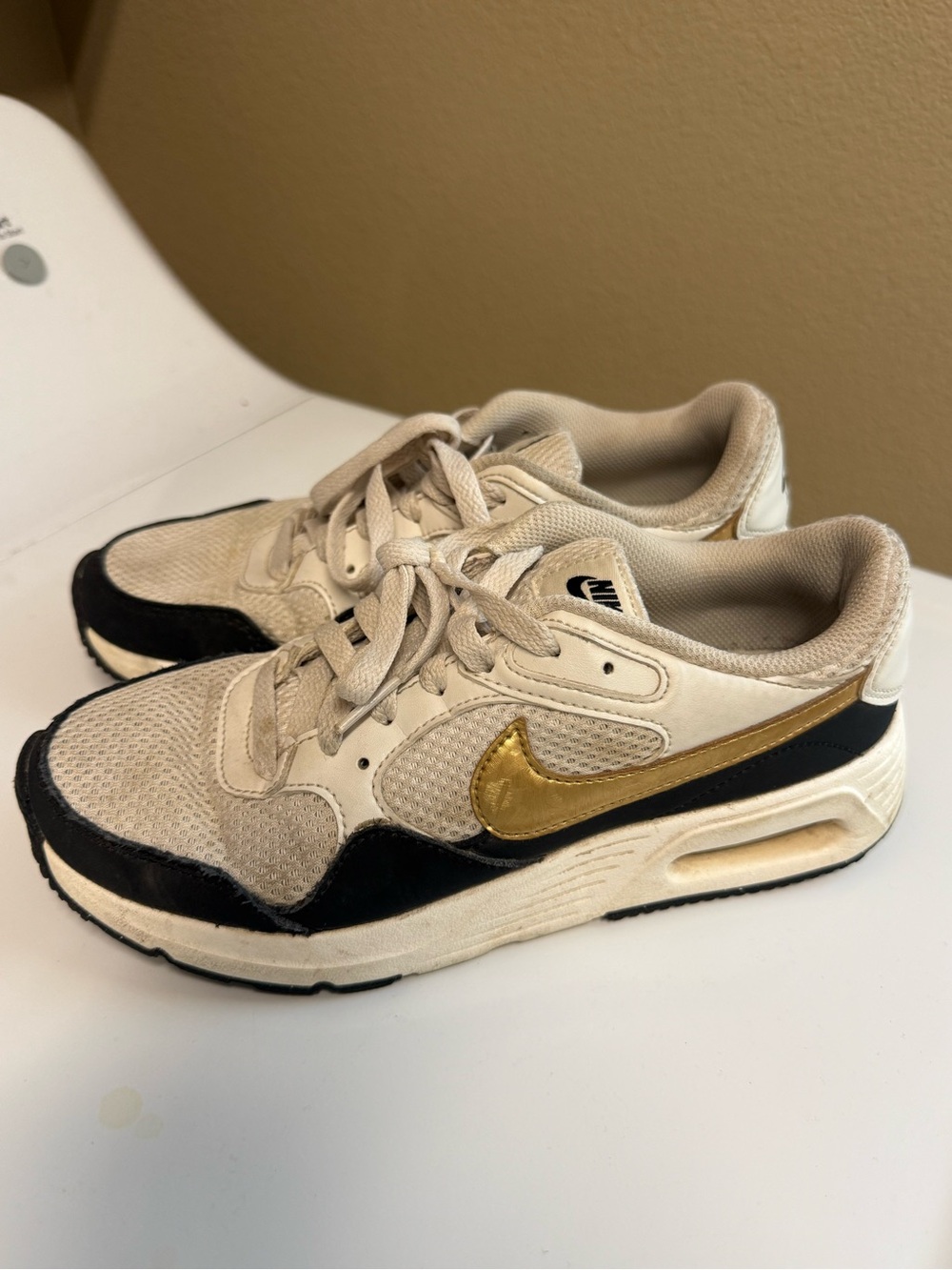 Nike Air Women's Sneakers Size 6.5 Beige Black Gold Swoosh